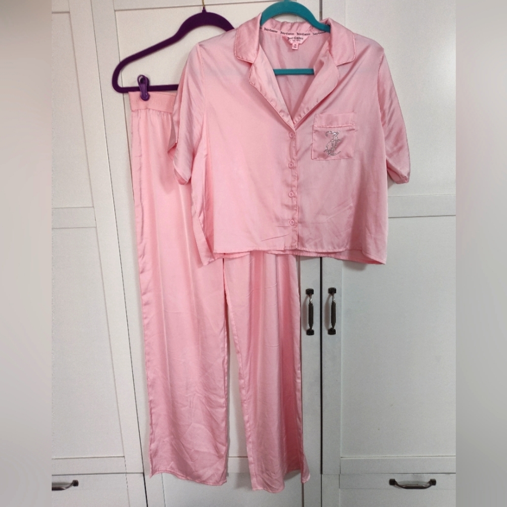 Juicy Couture Satin Silky Pajamas Sz Med Light Pink Stretch Waist Excellent Cond